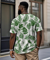 Men's Plus Size Hawaiian Green Leaf Floral Print Henley Collar Button Short Sleeve Tee